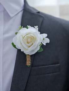 1支/6支装奢华公主玫瑰花配泡沫满天星浪漫胸花，适用于新郎、伴郎、新娘、伴娘、婚礼、订婚、宴会、派对等场合。 - 米色 - 查看 6