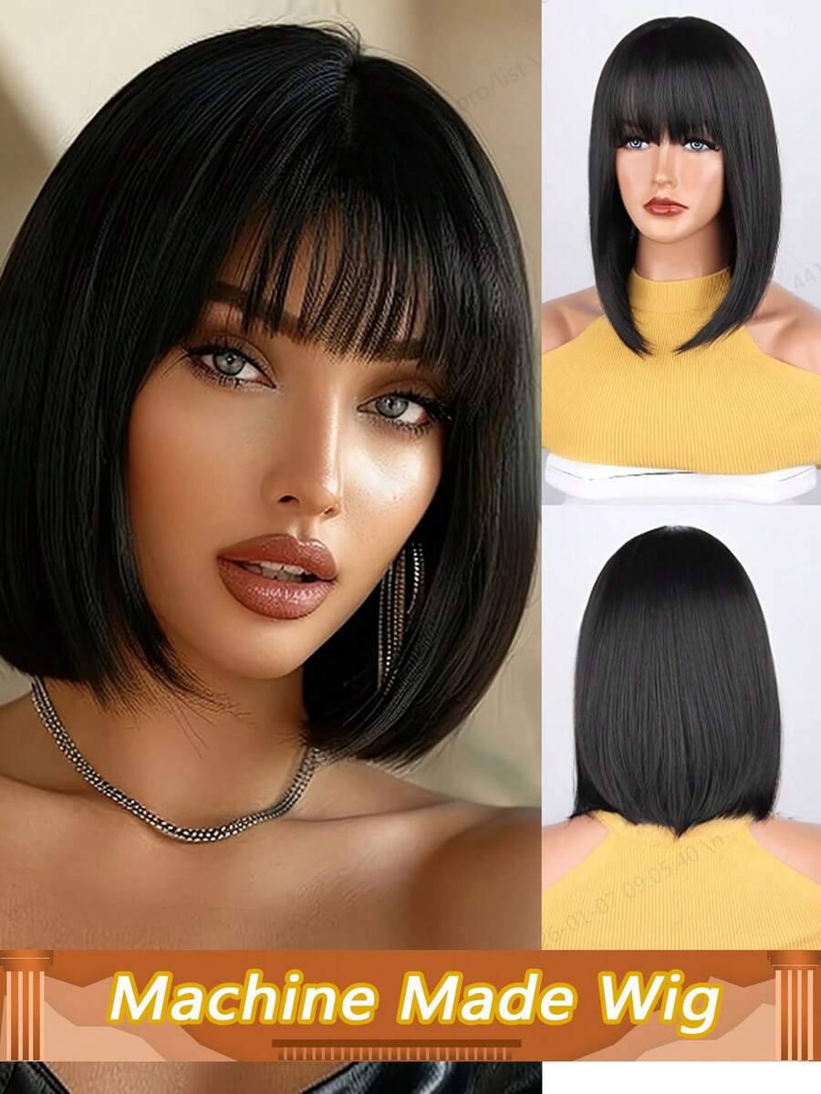 Straight Bob Human Hair Wigs With Bangs Short Brazilian Human Hair Full Machine Made Human Hair Wig Middle Part Bob Lace Wigs 200% Density - Natural Black - View 1