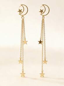 一对女士时尚月亮星星流苏耳环，中东开斋节甜美元素风格，几何新月和多层星星吊坠设计，适合女士日常搭配和节日佩戴，开斋节礼物之选 - 金黃色 - 查看 3