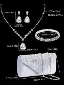 4件套女士时尚百搭奢华水晶手拿包、晚宴包、派对包、链条单肩包、水晶爪链项链、耳环、手链、派对首饰套装 - 銀色 - 查看 9