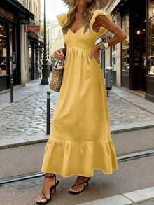 女士春夏连衣裙，红色，时尚休闲，纯色，简约舒适，无肩带设计，优雅短袖连衣裙 - 芥末黃 - 查看 5