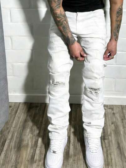 Men's Distressed Stretch Denim Jeans, Slim Fit Casual Harem Pants, Vintage Washed