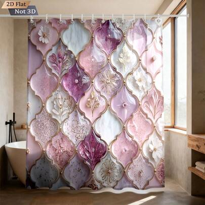1件装3D几何花卉图案浴室浴帘，甜美主题浴帘，高品质涤纶材质，带12个挂钩，适用于家居装饰、浴室装饰，防水免打孔隔断浴帘，四季皆宜。