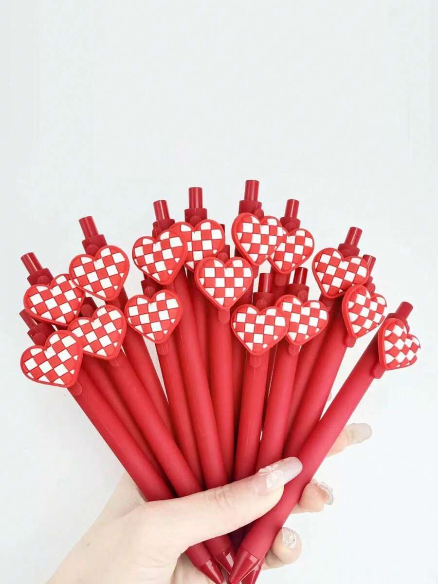 6支随机创意可爱爱心主题按动式圆珠笔，适合情人节、学校、校园使用 - 紅色 - 查看 1