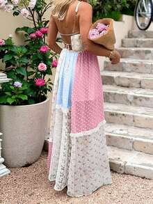 Women Ditsy Floral Contrast Lace Backless Sleeveless Halter Long Dress, Boho,Vacation, Wedding, Summer Dress, Vacation Outfits Women,Old Money,  Saint Patrick  St Patrick Day Outfit, Easter Dress Women,Backless Dress, Cowgirl Outfit, Wedding Dress - Multicolor - View 3