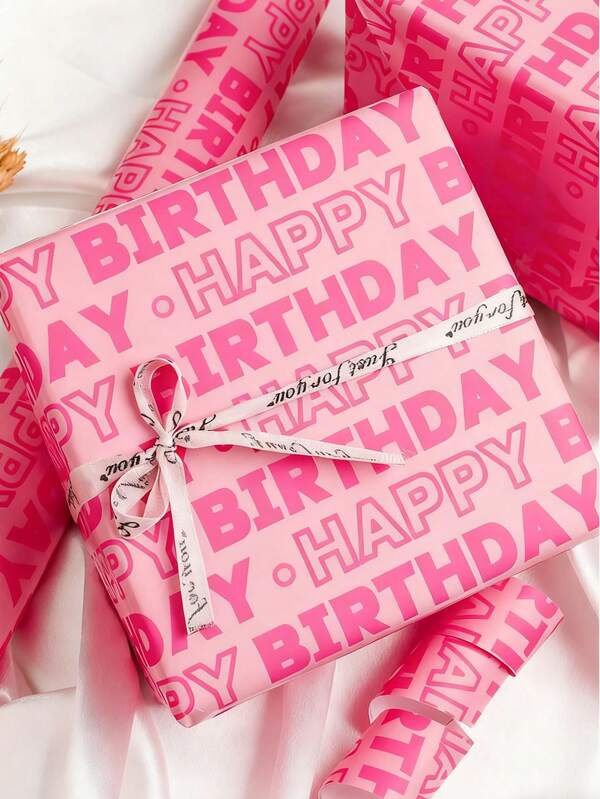2卷粉色生日包装纸，印有“生日快乐”字样，粉色图案，生日快乐礼物包装纸装饰，礼品包装用品，适用于生日、婴儿派对、房间桌面礼品包装装饰、节日派对礼品