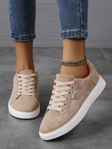 女士休闲时尚运动鞋，系带轻便厚底休闲平底鞋，百搭低帮运动鞋 - 卡其色 - 查看 1
