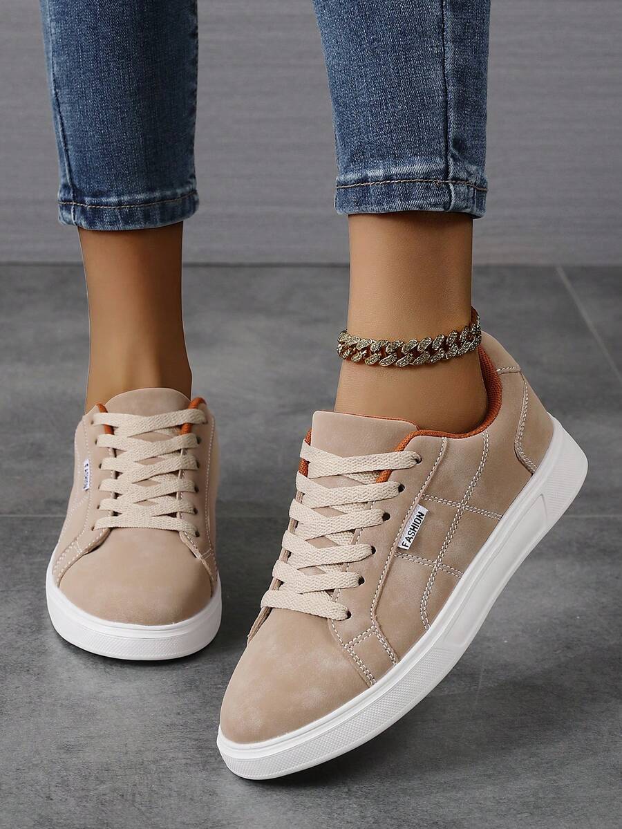 女士休闲时尚运动鞋，系带轻便厚底休闲平底鞋，百搭低帮运动鞋 - 卡其色 - 查看 1