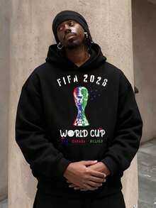 World Cup 2026  Print Hoodie, Men's Casual Long-Sleeve , Autumn & Winter New-Unisex Loose-Fit Hooded Sweatshirt, Men's Holiday Sweatshirt, Spring Outfit, Tunic Top, Black Top, Autumn Outfits, Sport Wear, Big And Tall Sweatshirt - 黑色 - 查看 2