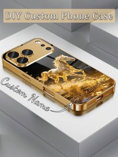 1 Stück personalisierter Name & goldfarbenes galoppierendes Pferd vergoldetes Glas Handyhülle kompatibel mit Apple 17 Pro Max/16 Pro Max/15/14 Plus/13 Pro/12 Pro Max/11/Xs Max/8/7/6 Plus, modisch, bunt, süß, Lustig, minimalistisch, passende Handyhülle, personalisiert, einzigartig, ideales Geschenk für Freund, Großeltern