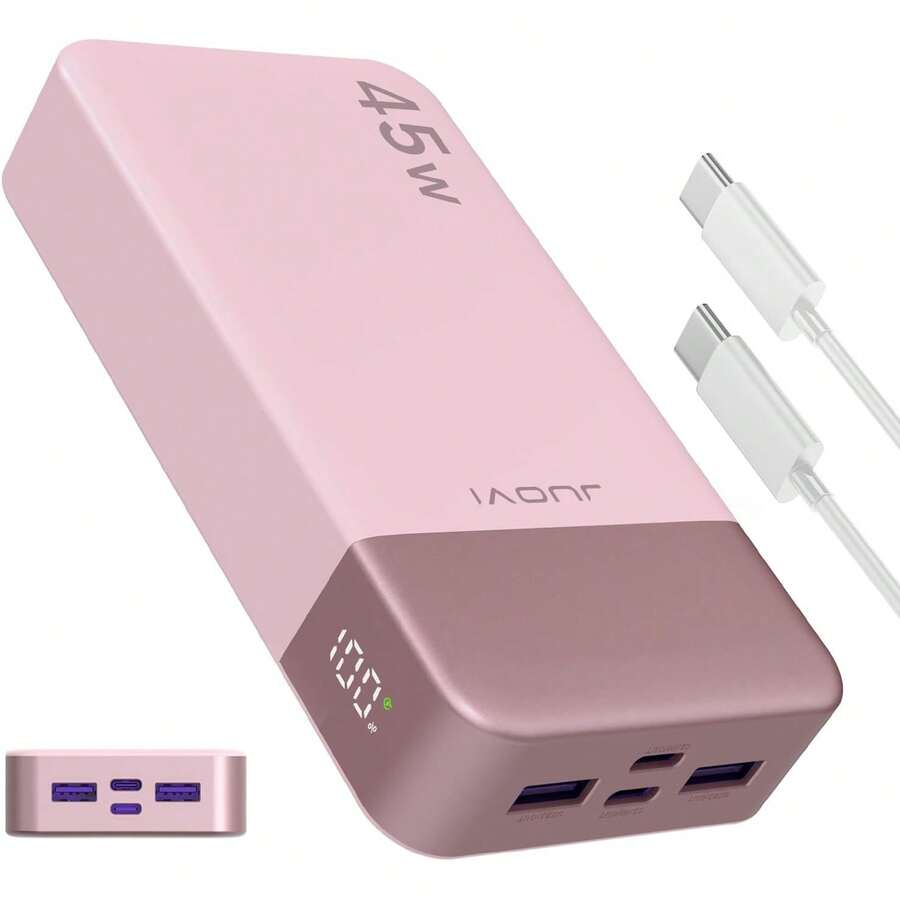 JUOVI Power Bank, Portable Charger, 20000 MAh, 45 W, PD3.0, QC 4.0, Fast Charging Battery With LED Indicator, 2 USB-C, 2 USB-A For Apple Phone 15, Blue, Green For Apple Phone, IPad, Android Phone, Gifts For Family, Friends, Children, Birthdays, Christmas, Winter. Suitable For Outdoor Play, Shopping, Travel, Portable Power Supply. Stable Polymer Lithium Battery (Pink) - 粉色 - 查看 1