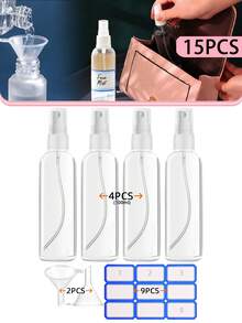 15pcs (100ml/30ml) Travel Size Spray Bottles Set, Travel Spray Bottles With Labels And Funnel - Fine Mist, Refillable, Reusable, Leak-Proof, Suitable For Cosmetics, Essential Oils, Shampoo, Hand Wash And Sunscreen, Low Allergenicity, With White Pump Head And Nozzle, Ideal For Travel And Home Use. - Multicolor - View 9