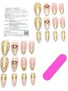 24pcs Minimalist Red Heart Gilded 3D Almond Shaped False Nails, Suitable For Valentine's Day, New Year, Birthday Party, Comes With Jelly Gel And Nail File - Gold - View 3