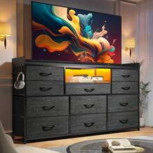EnHomee Dresser For Bedroom With 11 Drawers 60" TV Stand With LED Lights & Charging Station Long Dresser With Shelves & 4 Hooks,Sturdy Metal Frame & Fabric Drawers,Black,11.8"D X 47.2"W X 31.5"H - 黑色 - 查看 1