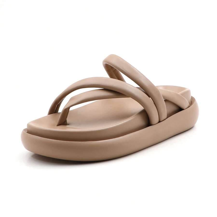 lunryet Women's Slide Sandals Comfortable Square Toe Beach Slip On Strappy Thong Flat Sandals SOFT-7 - NUDE - View 1