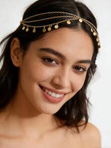 1件新娘发饰头箍，闪亮波浪流苏链条头饰，适合节日派对和街头风格