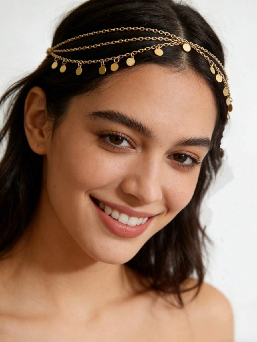 1件新娘发饰头箍，闪亮波浪流苏链条头饰，适合节日派对和街头风格