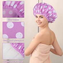 2 Packs Large Shower Caps For Women, Waterproof Shower Cap Double Layers Bath Caps With Hair Scrunchies For Long Thick Hair - màu tím, màu cam - Xem 4