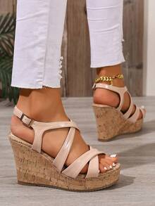 Giày sandal đế xuồng nữ quai chéo, thoải mái, hở mũi, đế cao, kiểu dáng thường ngày, thanh lịch, chất liệu cork, thích hợp cho ngày Valentine, mua sắm, nghỉ mát, mùa hè, đi làm. - Màu Khaki - Xem 6