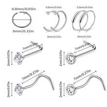 34入組/套不鏽鋼鼻釘和環套裝,包括水晶鼻釘,圓盤鼻釘和球形鼻釘,男女通用日常鼻環收藏 - 銀色 - 查看 5