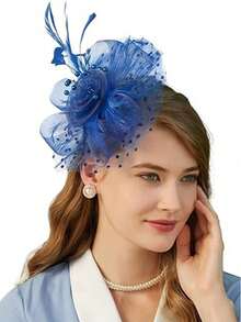 1 pieza Tocado de mujer con flor de malla de color azul real con diadema y pinza para el cabello, adecuado para bodas, fiestas de té, Kentucky Derby y otras ocasiones, se puede usar como sombrero, regalo, accesorio para el cabello, elegante y único, también adecuado para festivales, fiestas rave, galas - azul real - Ver 1