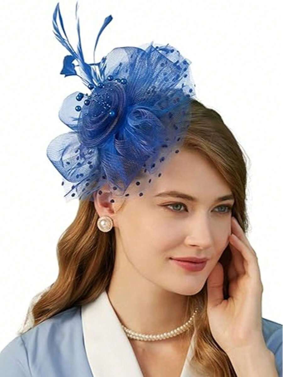 1 pieza Tocado de mujer con flor de malla de color azul real con diadema y pinza para el cabello, adecuado para bodas, fiestas de té, Kentucky Derby y otras ocasiones, se puede usar como sombrero, regalo, accesorio para el cabello, elegante y único, también adecuado para festivales, fiestas rave, galas - azul real - Ver 1