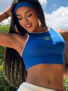 Cropped Tank Top Brazil - Special Edition - Ribbed Fabric - High Neck - Blogger Fashion - Summer 2026 - Màu xanh lam - Xem 4