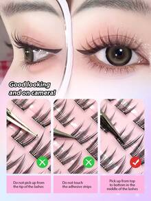 Asiteo 60片装 C型卷翘可重复使用假睫毛，浓密型自粘假睫毛，自然睫毛簇，慵懒下垂型假睫毛，卡通风格假睫毛，无需胶水，轻盈按压式假睫毛，可重复使用，DIY睫毛嫁接 - C - 查看 3