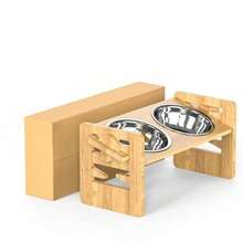 1 Set Adjustable Height Wooden Dog Feeder With 2 Stainless Steel Bowls, Elevated Dog Food And Water Stand, Protects Neck Health - 500ml - View 13