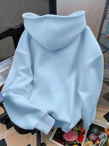 Áo nỉ chui đầu có mũ màu trơn, áo hoodie nữ dễ thương phong cách Y2K, quần áo mùa thu quay lại trường học, áo hoodie tay dài vai trễ phong cách thường ngày - Màu xanh nhạt - Xem 2