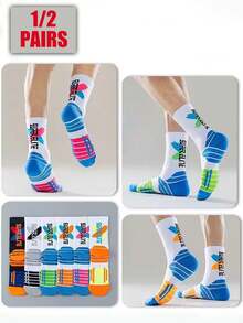 1/2 Pair Men's Crew Socks, Towel Bottom Sports Socks For Running, Basketball, Football, Versatile & Suitable For Sports - Multicolor - View 1