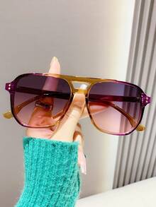 1 Pair Unisex Tortoiseshell Square Double Bridge Aviator Glasses, Suitable For Vacation, Boho Beach Outfits, Women's Beach Accessories, Basic Glasses, Autumn/Winter Women's Outfits, Business Casual, Gifts, Leopard Print - Khung màu vàng tím với các hạt màu hồng tím. - Xem 7