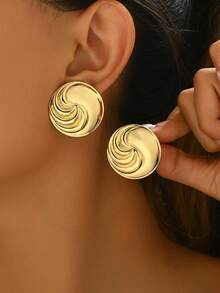 1 Pair Fashionable Minimalist Geometric Round Stud Earrings, Versatile For Daily Wear - Gold - View 6