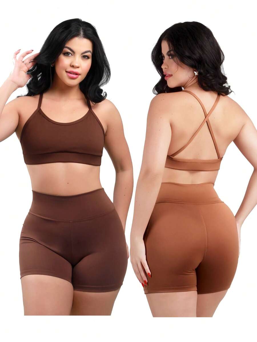 Work Fitness Kit 2 Set Bare Back Top With Cross Straps And Bermuda Shorts Basic Premium - Brown and Caramel - View 1
