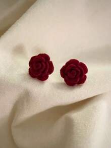 1 Pair Retro Elegant Rose Flower Flocked Stud Earrings, Suitable For Teenage Girls Everyday And Festivals - Flowers - View 5