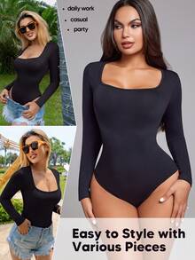 Women's Solid Color Seamless Crew Neck Half Peplum Long Sleeve Bodysuit - Black - View 6