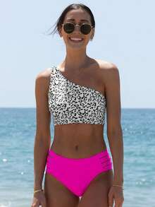 popvil Bộ bikini nữ mùa hè đi biển, gồm áo in họa tiết da báo và quần tam giác khoét lỗ màu trơn. - Nhiều màu - Xem 4