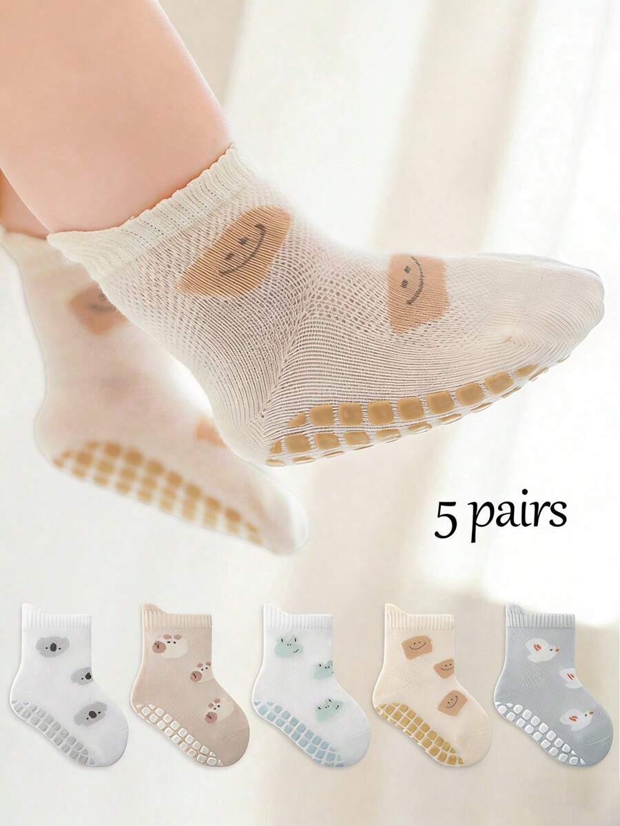 5双装透气网眼防滑袜，适合0-8岁男孩女孩，柔软舒适，可作步行袜、地板袜、婴儿袜，可爱 - 彩色 - 查看 1