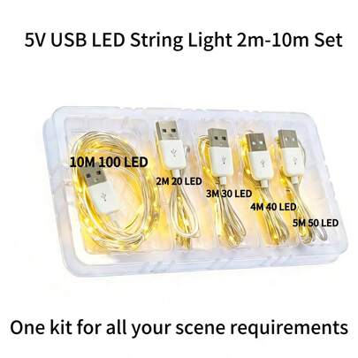 5 sets de kits de luces LED de cuerda de 2-10 metros, perfectos para decoración de habitaciones - decoración de enredaderas, estilismo interior, ornamentación de Ramadán y decoración de bodas. Este conjunto de luces de hadas se alimenta con USB 5V y está diseñado solo para uso en interiores.