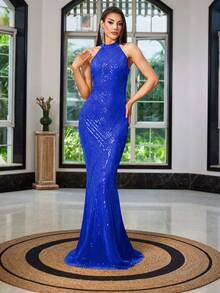 Vestido de noche de gala con cuello halter y cola de sirena con lentejuelas para mujer, ideal para bodas y fiestas de primavera - Azul - Ver 5