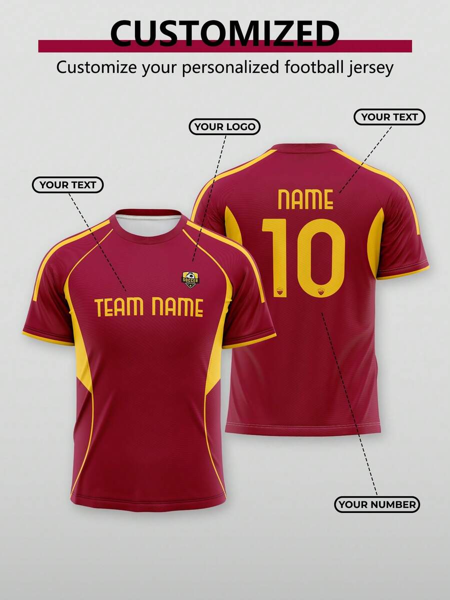 一件定制款2026赛季意甲罗马足球俱乐部球衣。红黄条纹设计。号码可定制。个性化T恤，新年好礼。舒适休闲运动风T恤。适合日常穿着、观看足球比赛及各种体育活动。夏季 - 紅色 - 查看 1