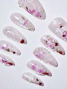 10Pcs Handmade European & American Style Nail Stickers With Heart, Star, Pearl, Bow Decor - Glossy Nude & Black Dual Color, Short Almond Shape, Elegant Design Artificial Nails Suitable For Women & Girls. Includes 1Pc Gel Polish & 1Pc Nail File. Valentine'S Day Press On Nails Nail Supplies Nails(Random Delivery) - 隨機的 - 查看 5