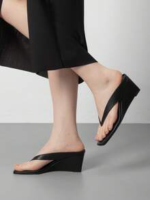 Athlefit Women's Low Wedge Sandals  Dressy Square Open Toe Summer Beach Flip Flops Thong Heeled Sandals - Black - View 3