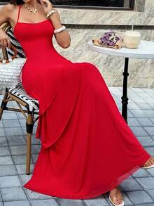 Đầm maxi Vaiaye dành cho nữ, kiểu dáng nhiệt đới Hawaii, phong cách bohemian, thích hợp cho kỳ nghỉ biển, màu trơn, dây mảnh, hở lưng, xẻ tà cao, phù hợp cho ngày Valentine. - Đỏ - Xem 8