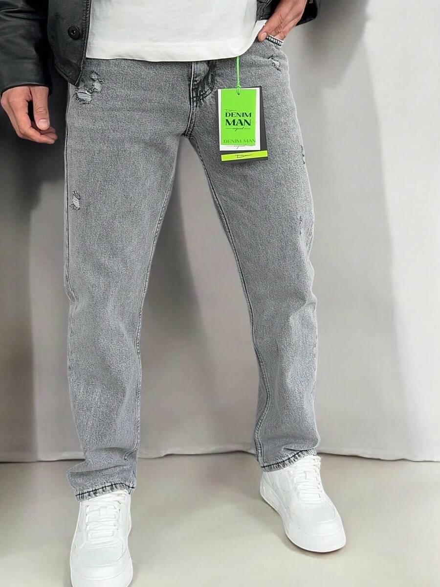 Men's Grey Ripped Detail New Season Baggy Pants - Dark Grey - View 1