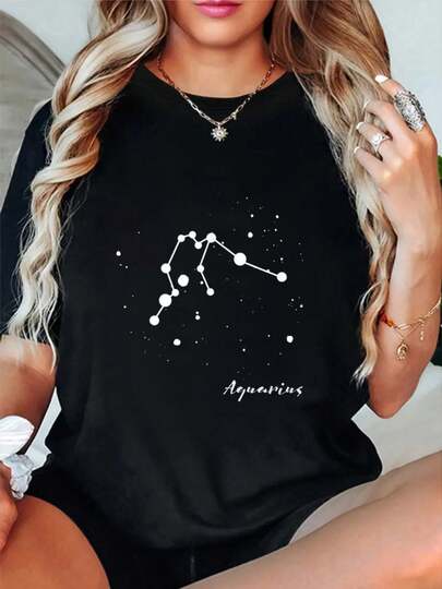 100% Cotton Aquarius Constellation Zodiac Star Sign Birthday Ideas T-Shirt Short Sleeve Round Neck Casual Top For Summer & Spring, Women's Men's Graphic Tee