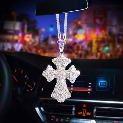2026 Fashionable Crystal Cross Car Pendant | Premium Stainless Steel Paired With Dazzling Crystals-The Perfect Gift For Valentine's Day, Easter, And Mother's Day. This Unique Car Accessory Enhances Your Vehicle's Luxury And Personal Style. Corrosion-Resistant And Durable, It Fits All Car Models And Is A Must-Have For Your Rearview Mirror, Adding A Touch Of Confidence And Charm To Every Drive.