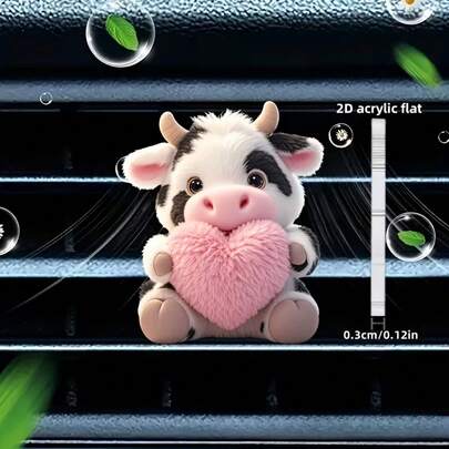 2 piezas planas, 1 pieza con diseño lindo de vaca con un corazón, "Perfumado", Clip de decoración para rejilla de ventilación del coche, "Difusor de fragancia para coche", Hoja de esponja perfumada, Decoración plana 2D de acrílico de dibujos animados lujosos, Accesorios de moda para el interior del coche, Se puede agregar fragancia usted mismo