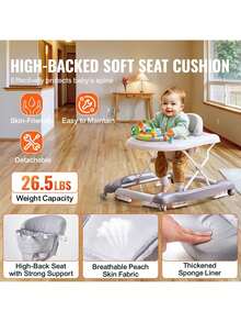 4-In-1 Baby Walker, Foldable Baby Activity Center With Wheels, Adjustable Height, Light, Steering Wheel, Learning-Seated, Walk-Behind, Toy Car, Rocker Toddler Walker For Boys Girls 6-24 Month - 灰色 - 查看 4
