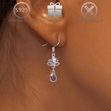 1 Pair 925 Sterling Silver Minimalist Design Cubic Zirconia Lotus Flower Drop Earrings For Women, Suitable For Casual, Holiday, Birthday, Valentine's Day Gift - Silver - View 7